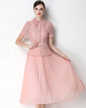 Lace pleated light luxury high waist chanelstyle dress