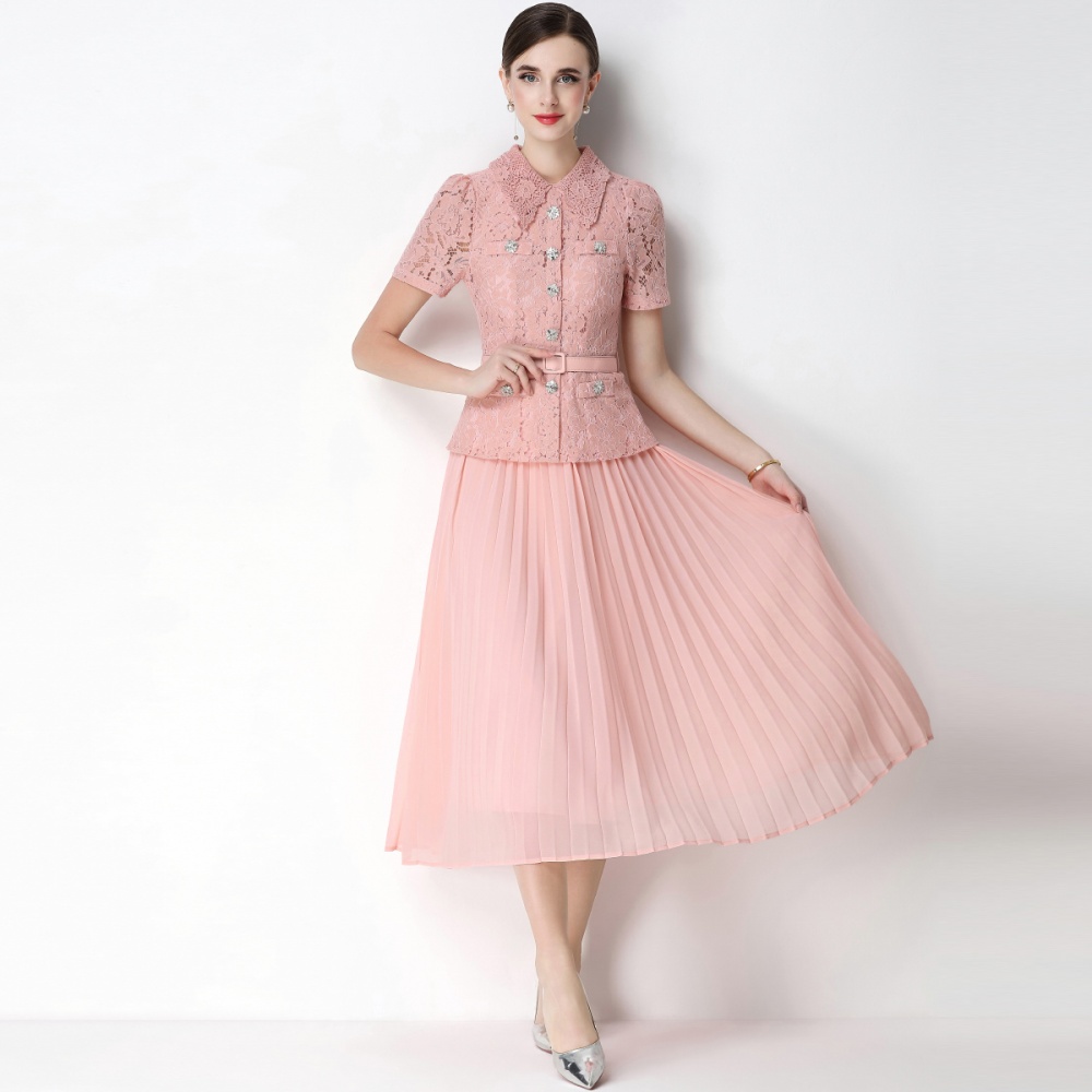 Lace pleated light luxury high waist chanelstyle dress