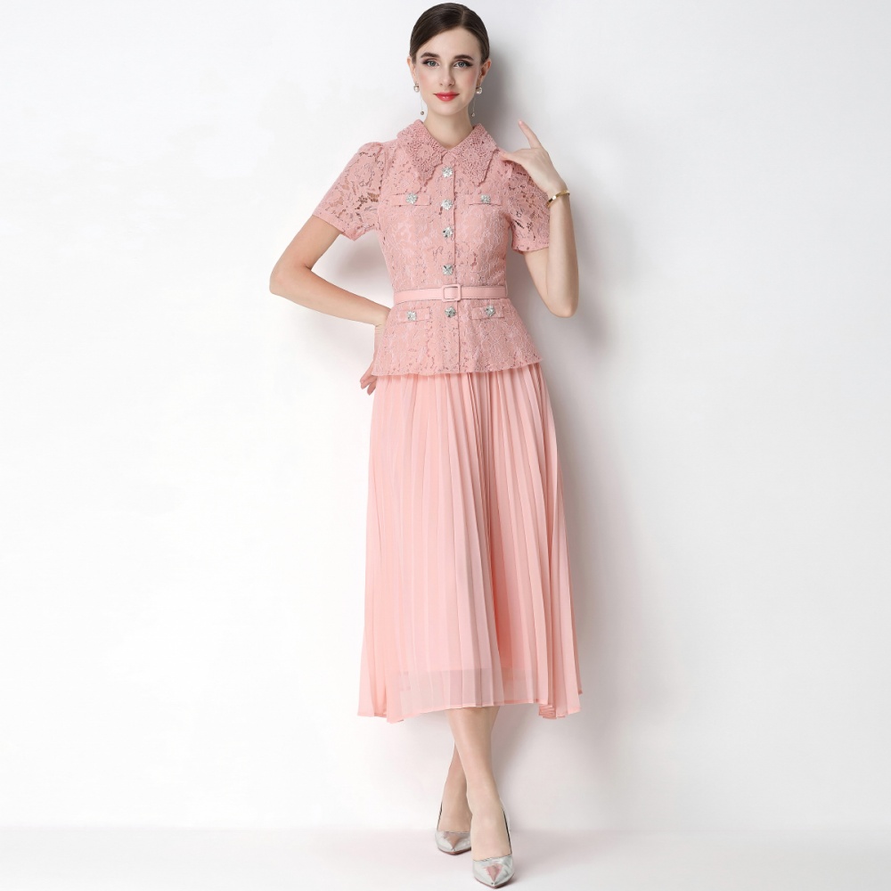 Lace pleated light luxury high waist chanelstyle dress