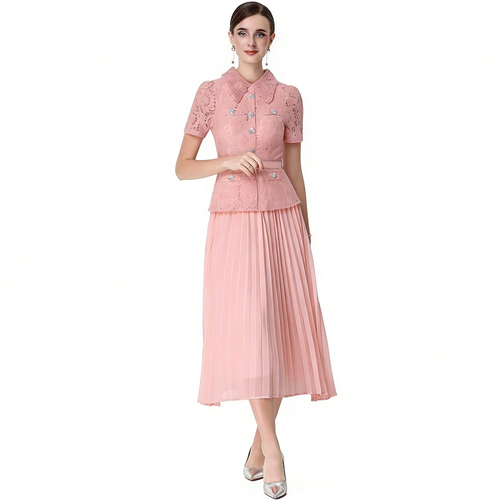 Lace pleated light luxury high waist chanelstyle dress