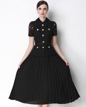 France style pleated lace with belt doll collar slim dress