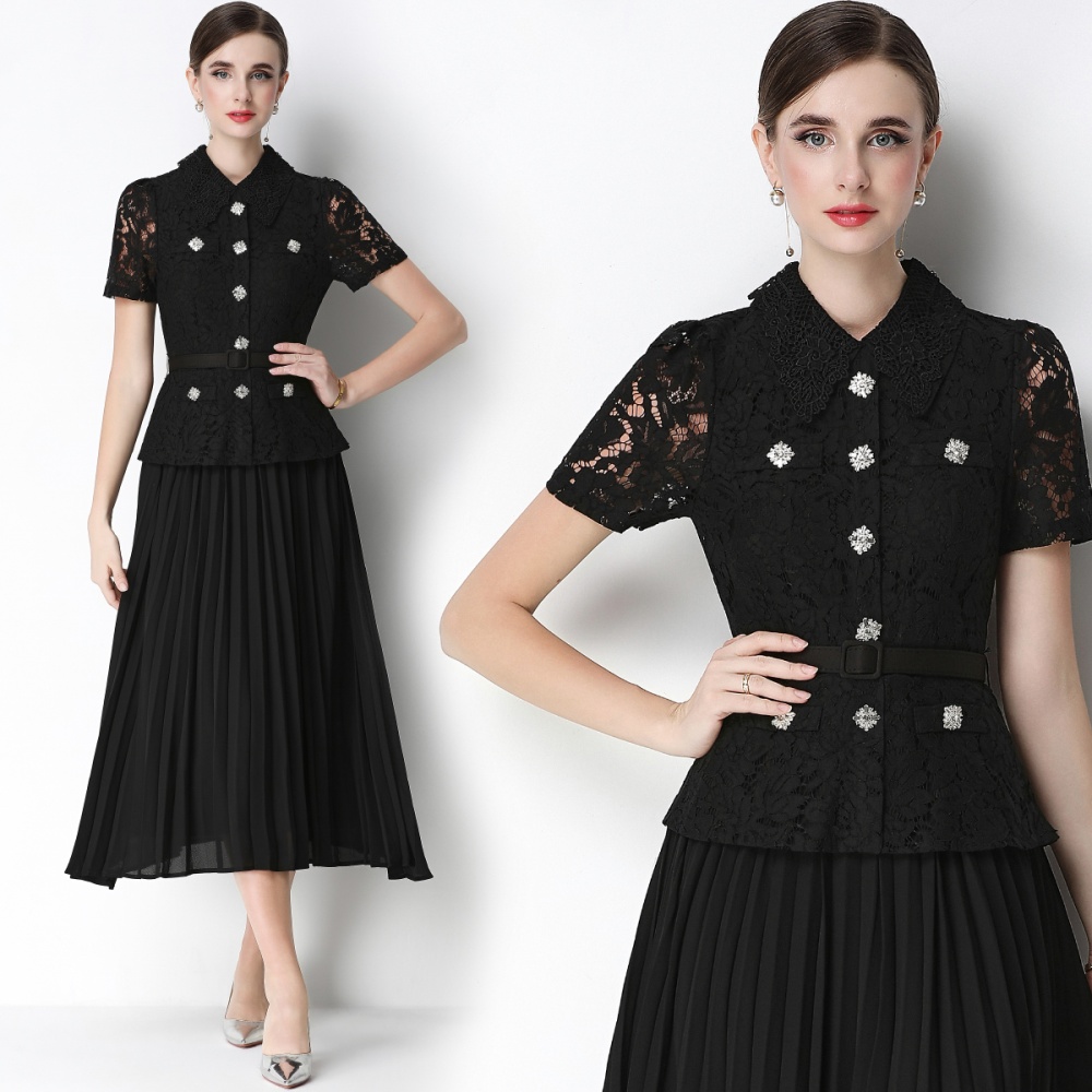 France style pleated lace with belt doll collar slim dress