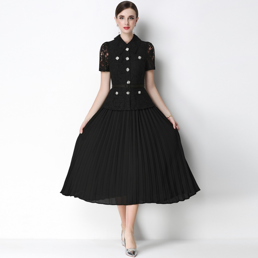 France style pleated lace with belt doll collar slim dress