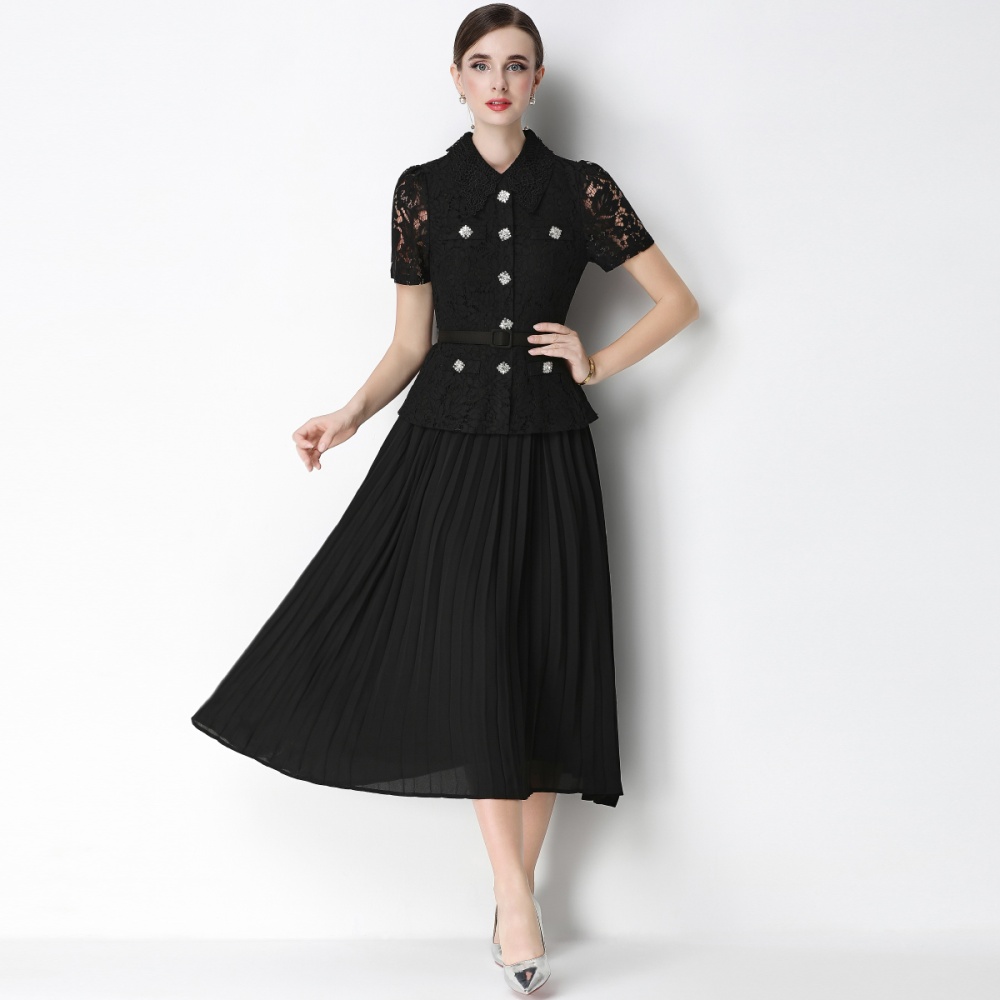 France style pleated lace with belt doll collar slim dress