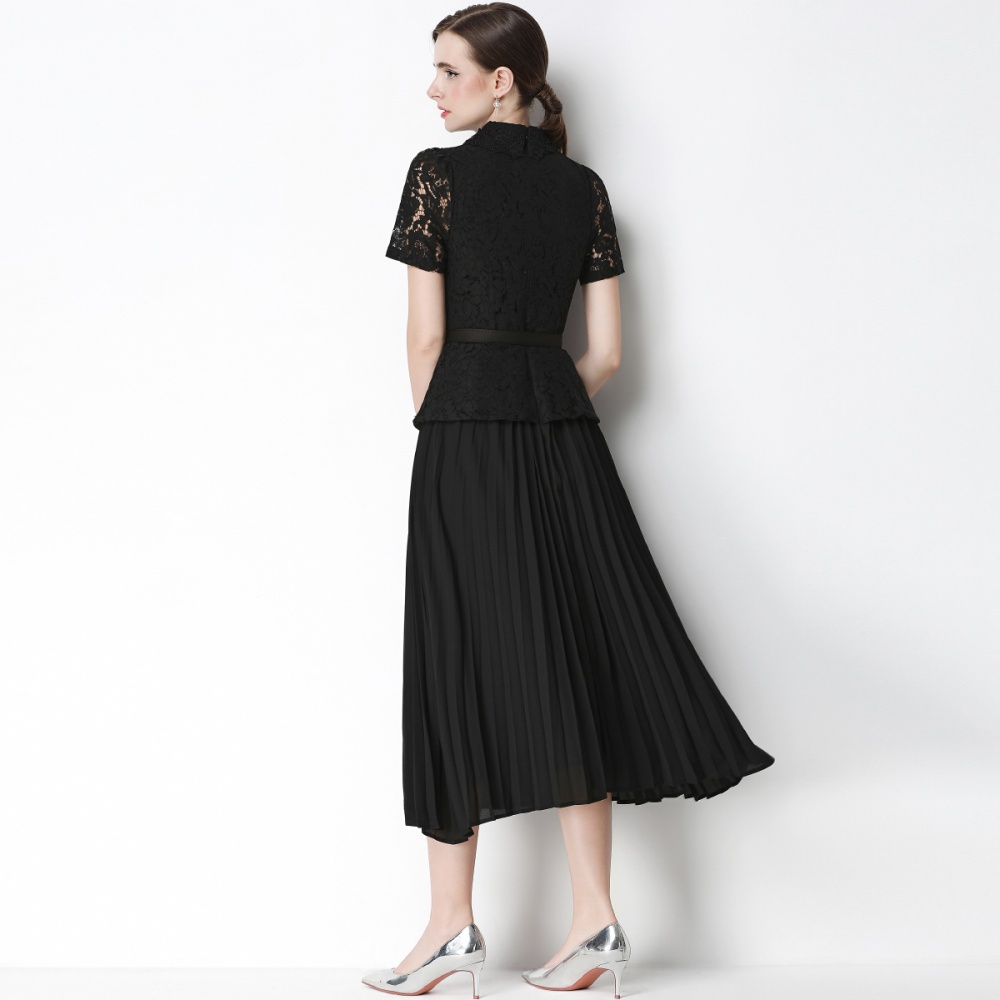 France style pleated lace with belt doll collar slim dress