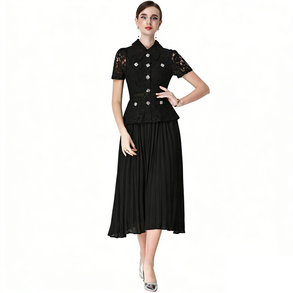France style pleated lace with belt doll collar slim dress