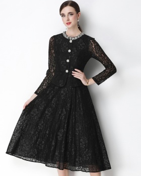 Rhinestone lace France style Pseudo-two slim dress