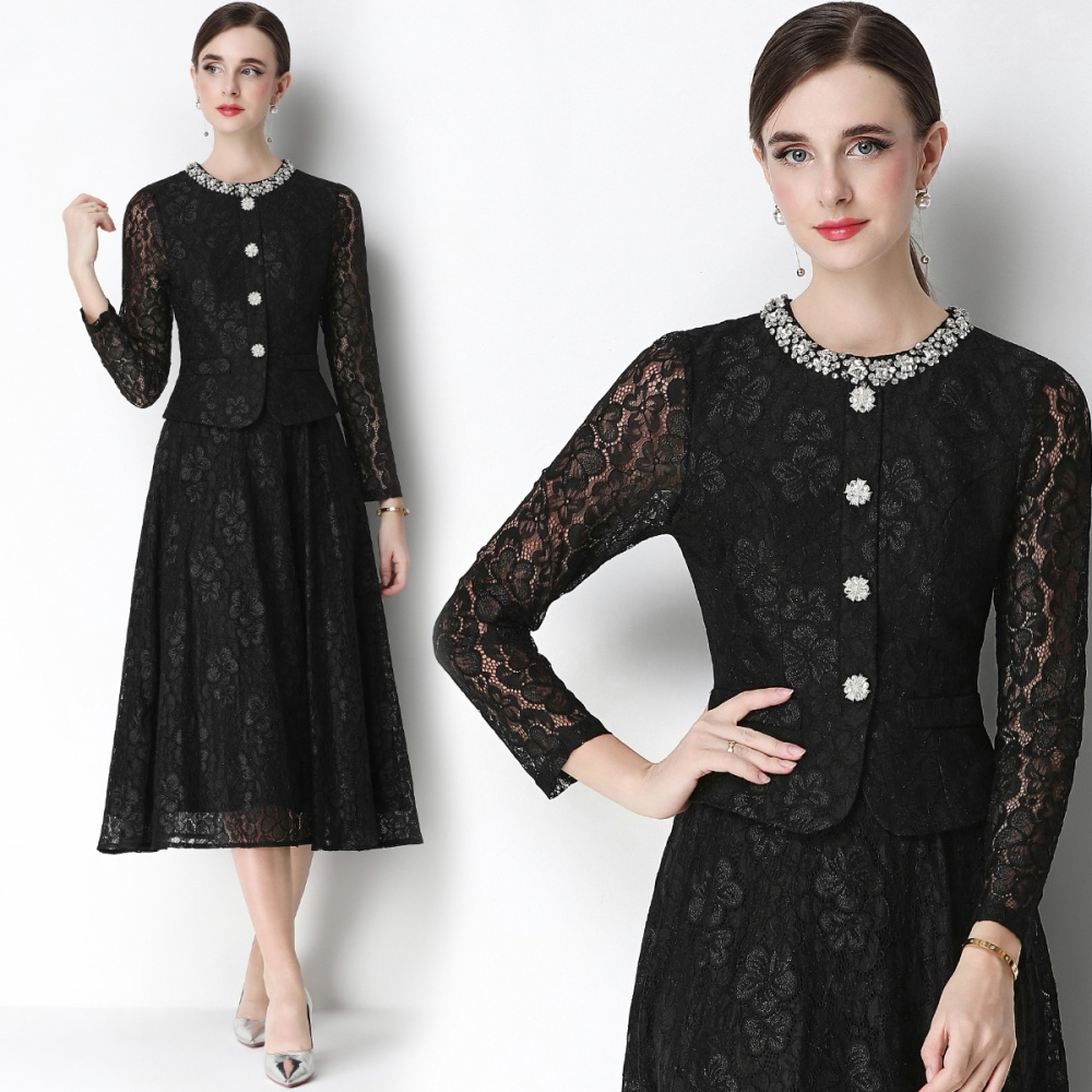 Rhinestone lace France style Pseudo-two slim dress