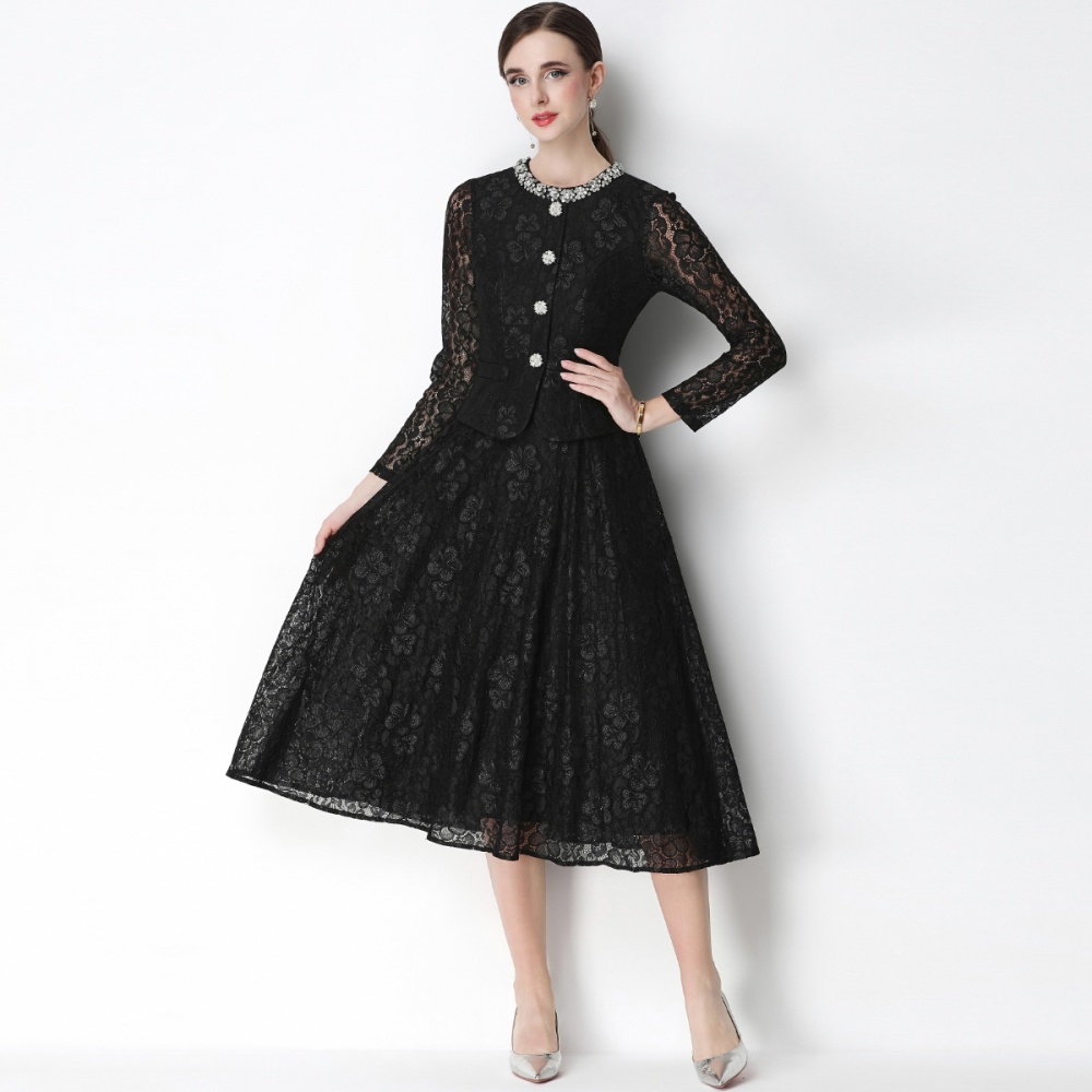 Rhinestone lace France style Pseudo-two slim dress