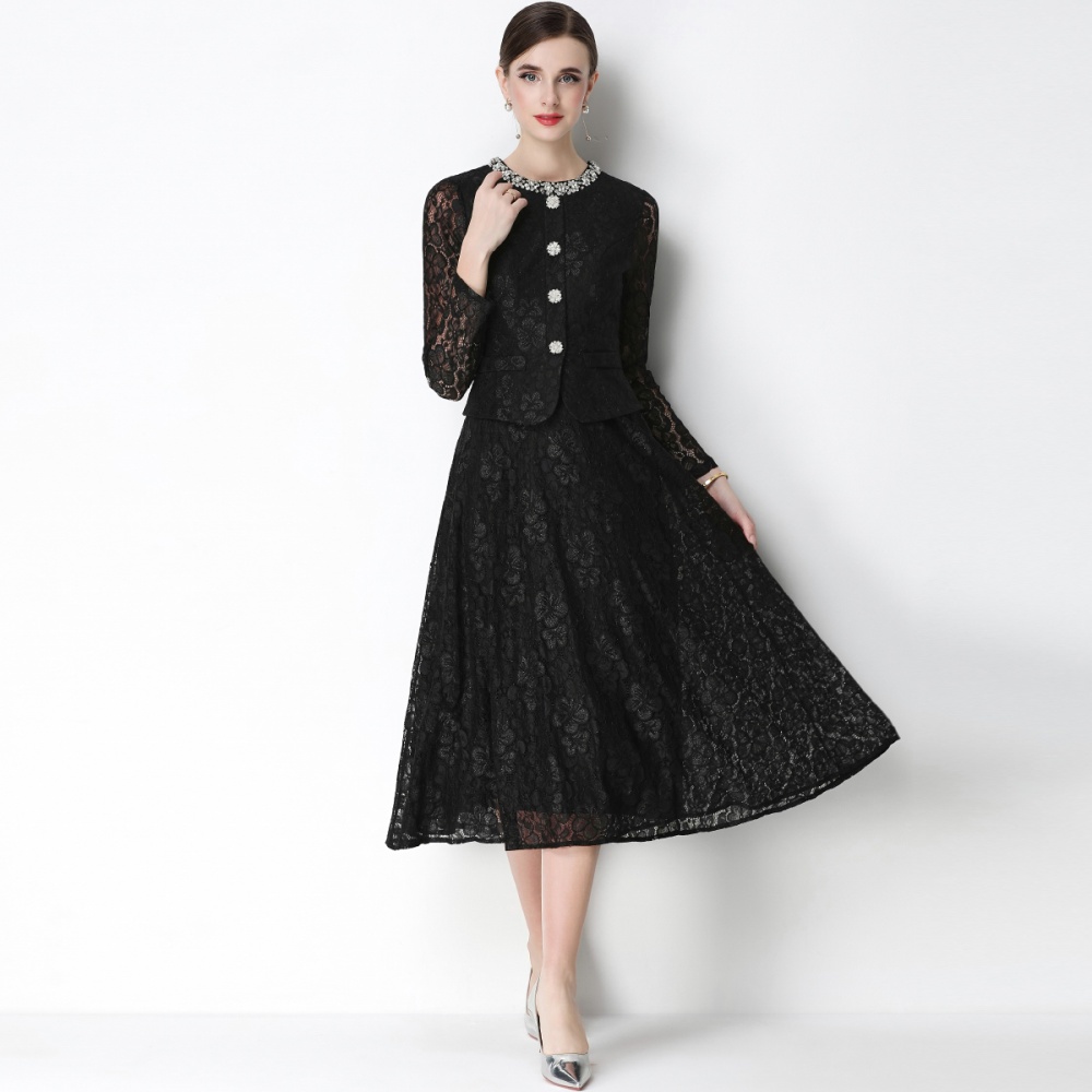Rhinestone lace France style Pseudo-two slim dress