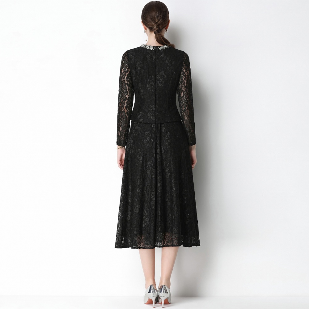 Rhinestone lace France style Pseudo-two slim dress
