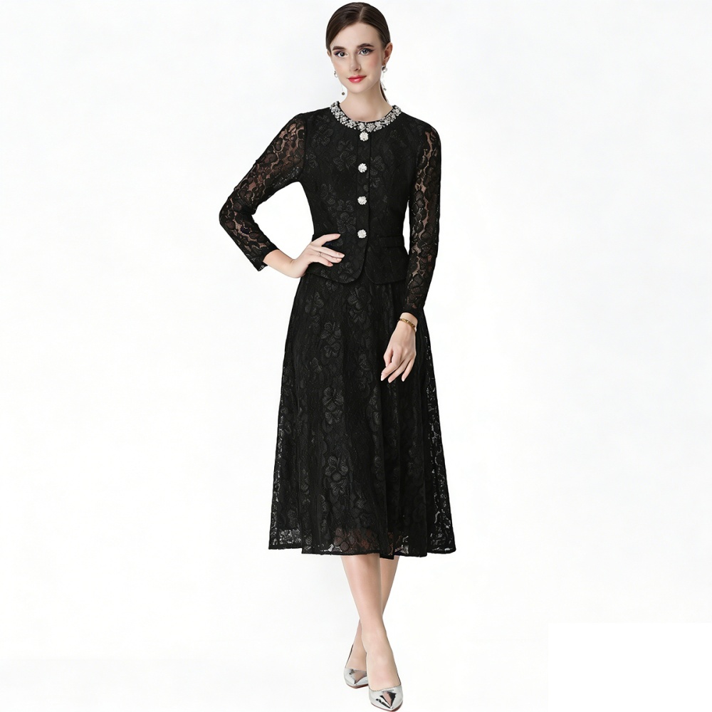 Rhinestone lace France style Pseudo-two slim dress