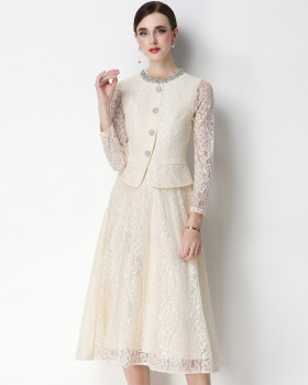 Slim Pseudo-two rhinestone round neck lace dress