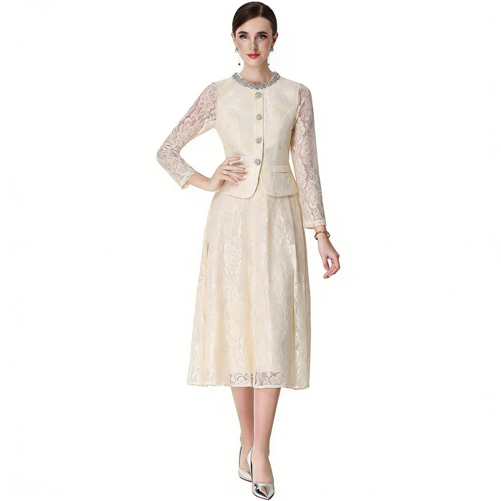 Slim Pseudo-two rhinestone round neck lace dress