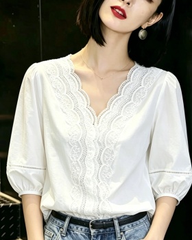 Puff sleeve V-neck white shirt France style summer tops for women