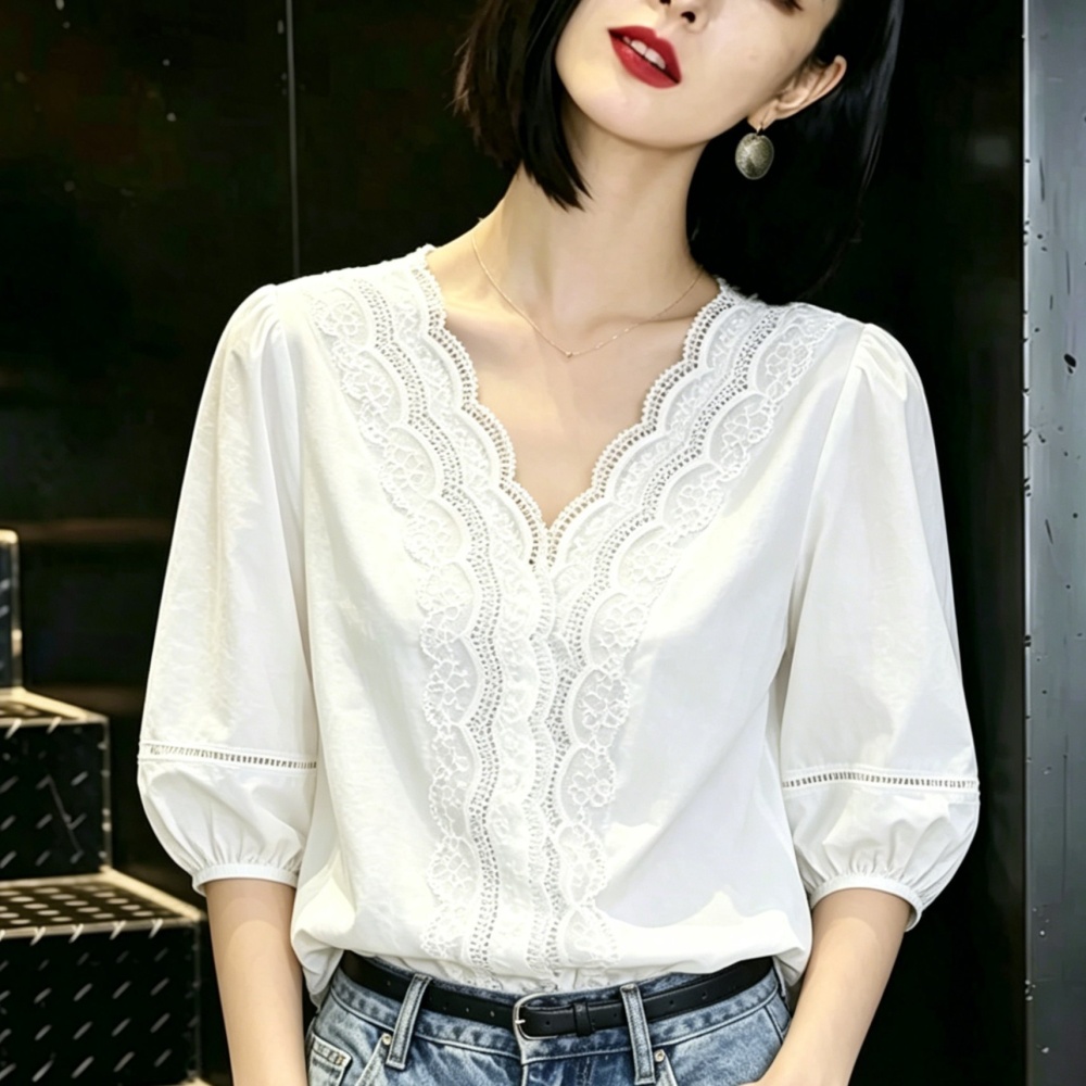 Puff sleeve V-neck white shirt France style summer tops for women