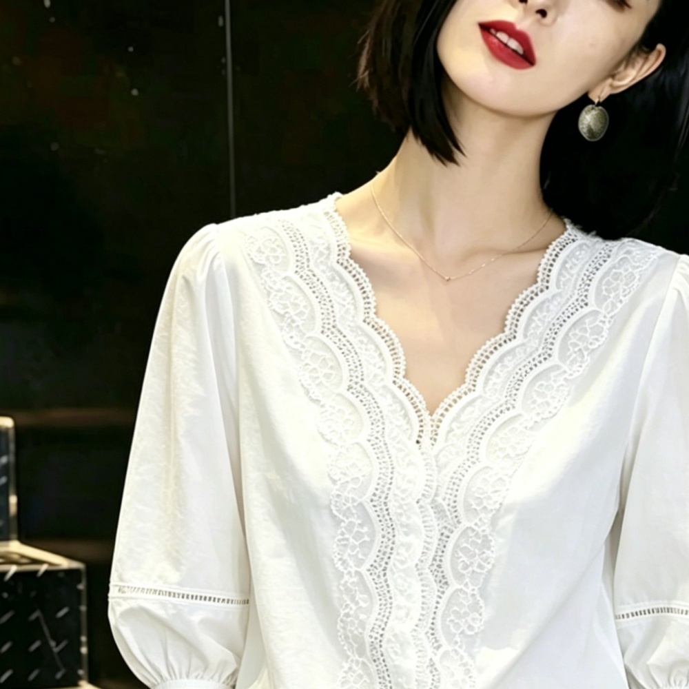 Puff sleeve V-neck white shirt France style summer tops for women