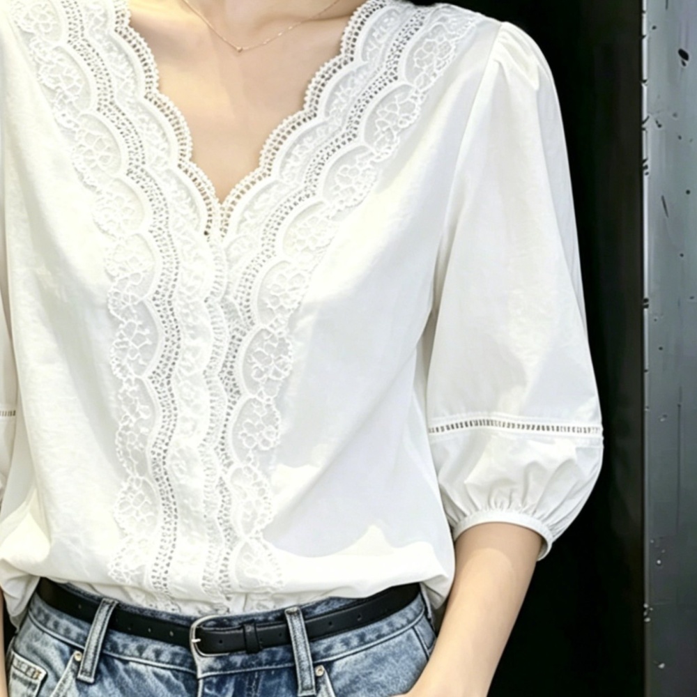 Puff sleeve V-neck white shirt France style summer tops for women