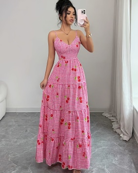 Pinched waist bow plaid multilayer fashion dress