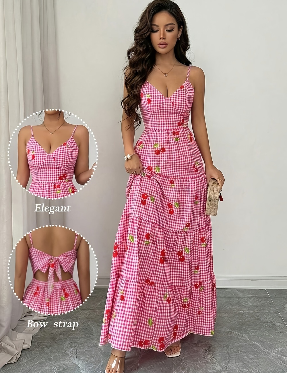 Pinched waist bow plaid multilayer fashion dress