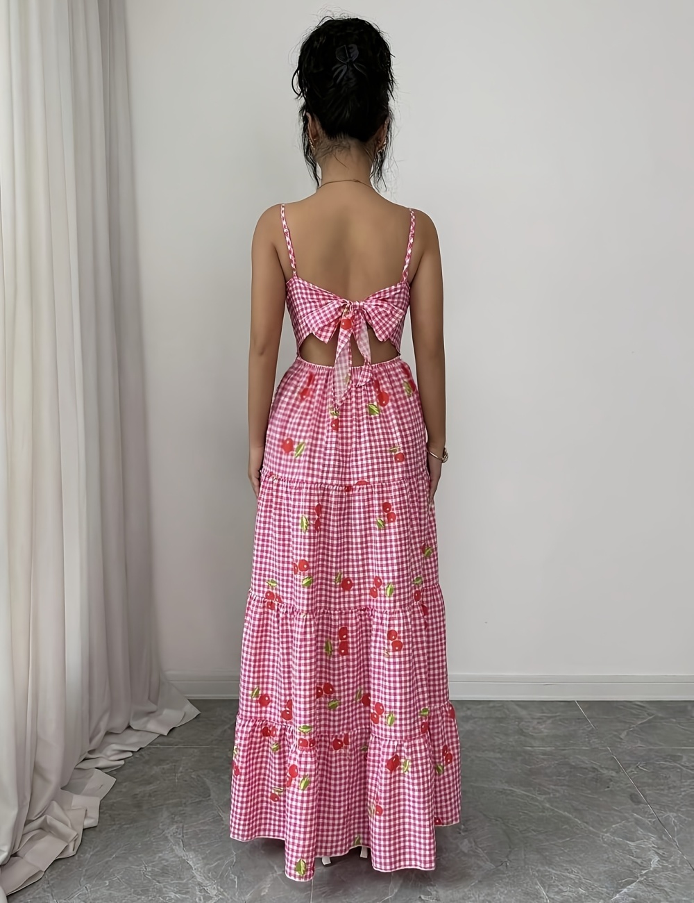 Pinched waist bow plaid multilayer fashion dress