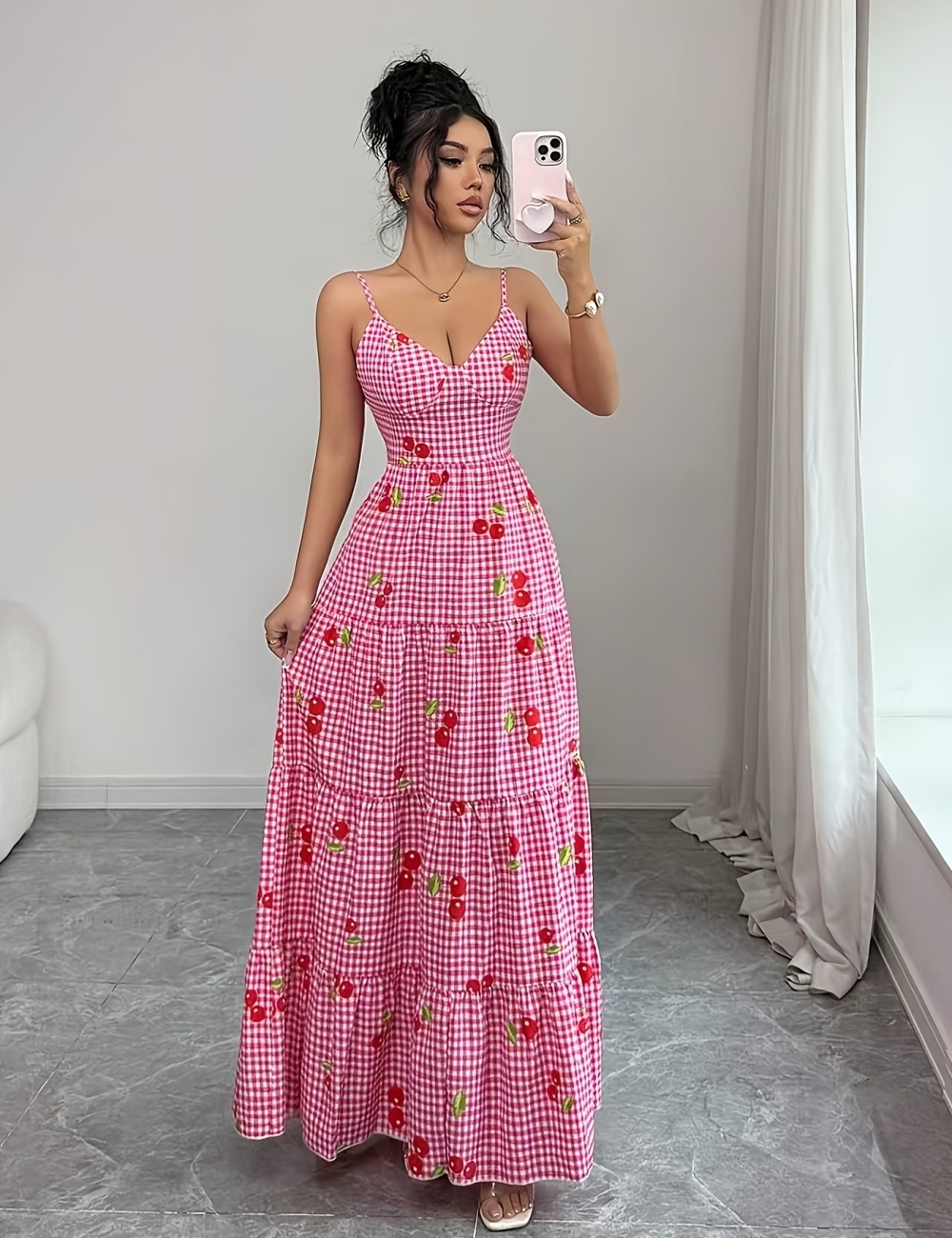 Pinched waist bow plaid multilayer fashion dress