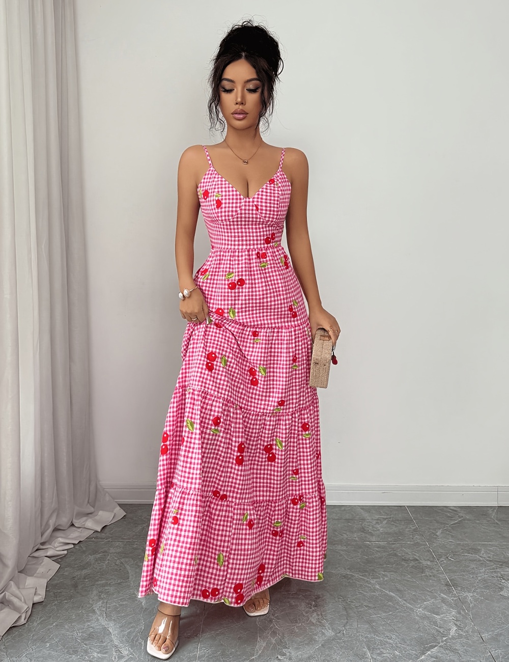 Pinched waist bow plaid multilayer fashion dress