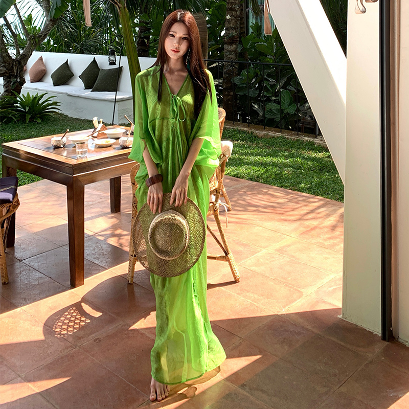 Romantic vacation long dress green light beach dress