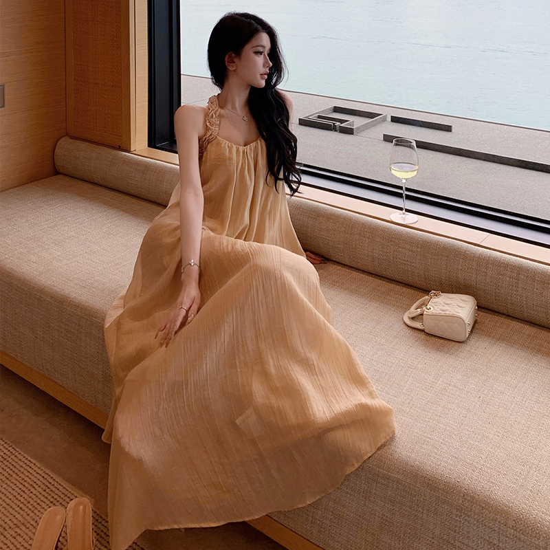 Romantic long dress France style strap dress for women