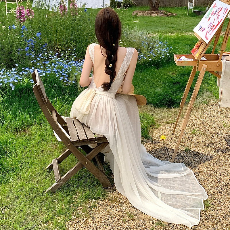 Halter pinched waist long dress lace dress for women