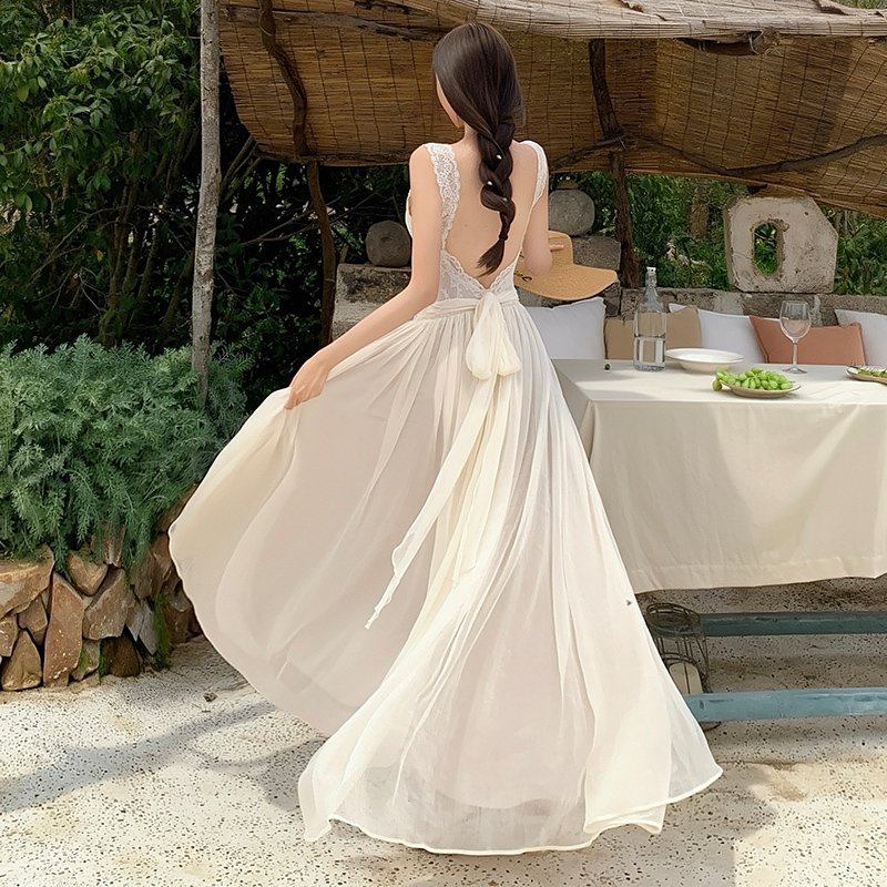 Halter pinched waist long dress lace dress for women