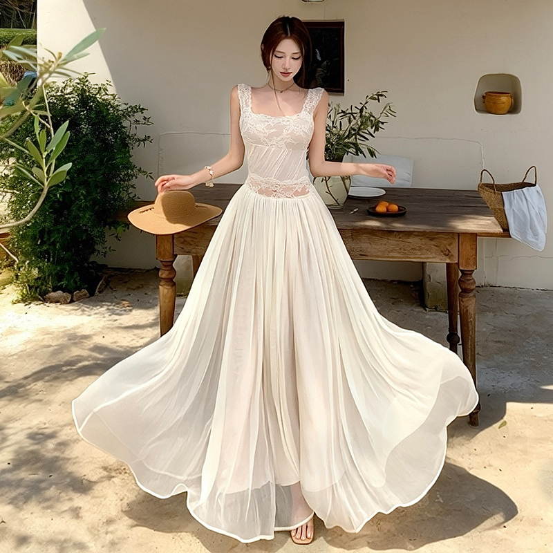 Halter pinched waist long dress lace dress for women