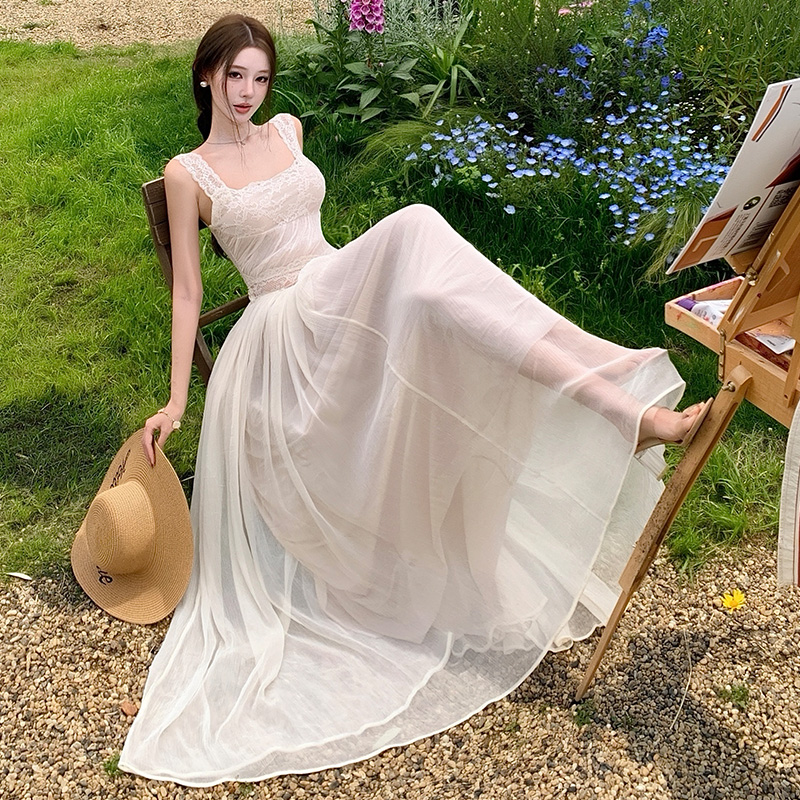 Halter pinched waist long dress lace dress for women