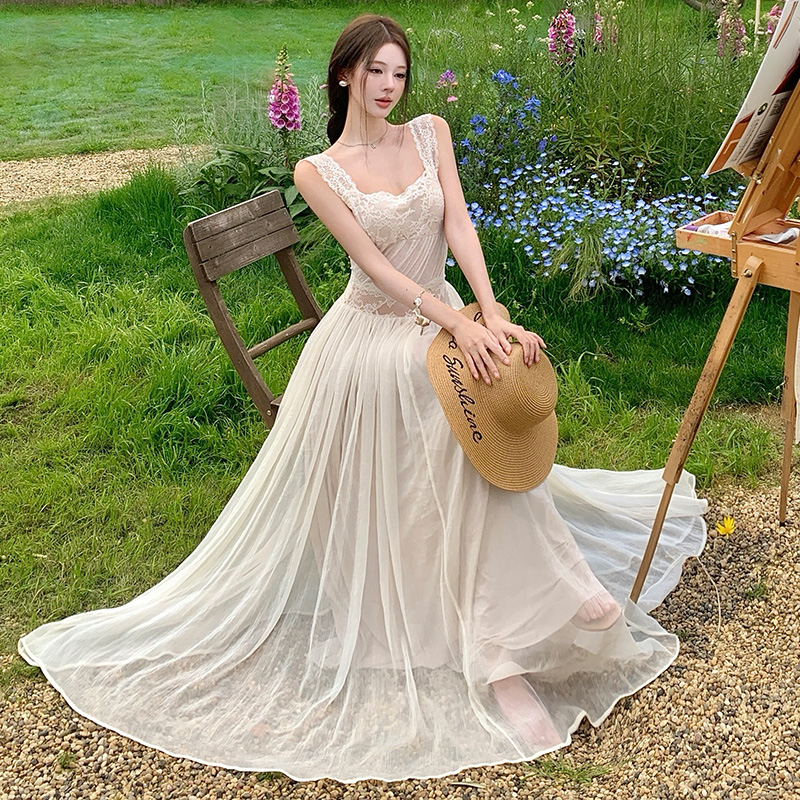 Halter pinched waist long dress lace dress for women