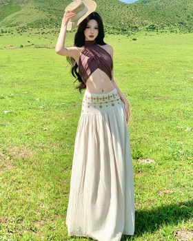 Halter low-waist seaside skirt sexy beige vest 2pcs set