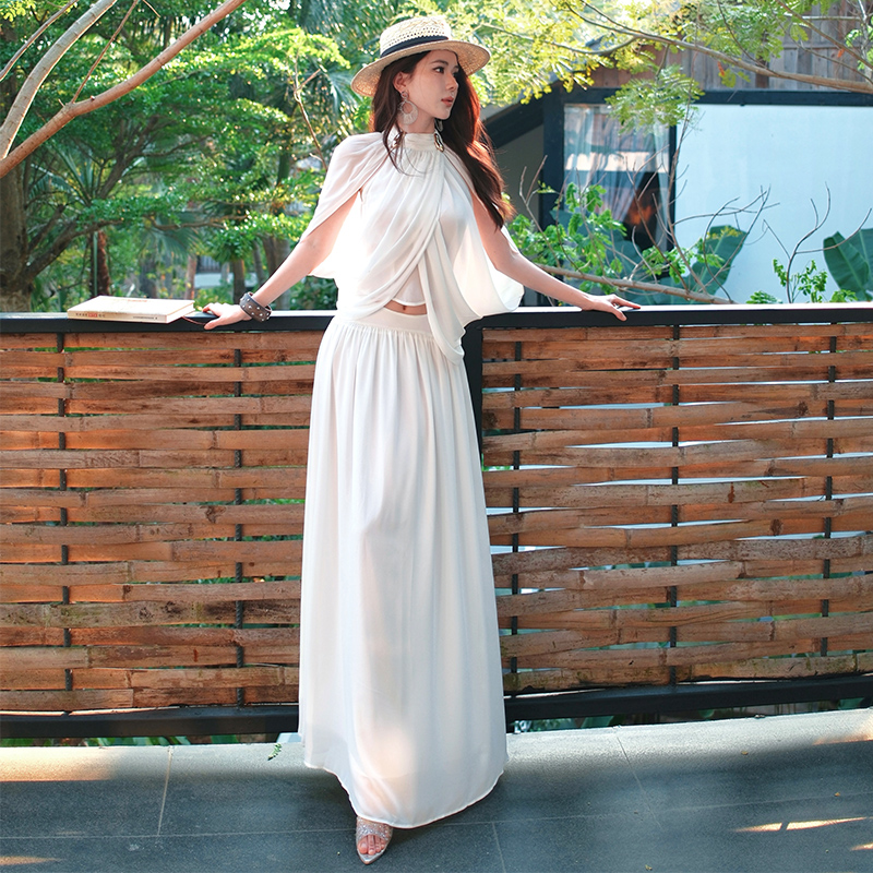 Chiffon big skirt tops pinched waist summer shawl a set