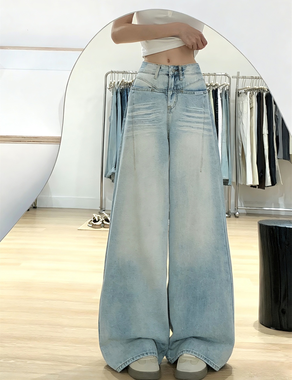 High waist slim wide leg pants American style summer jeans