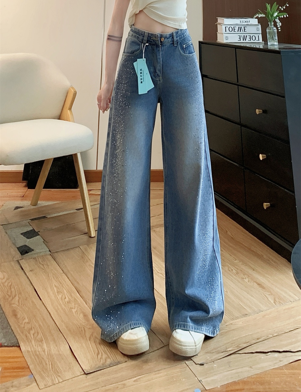 Removable bow straight slim Casual jeans for women