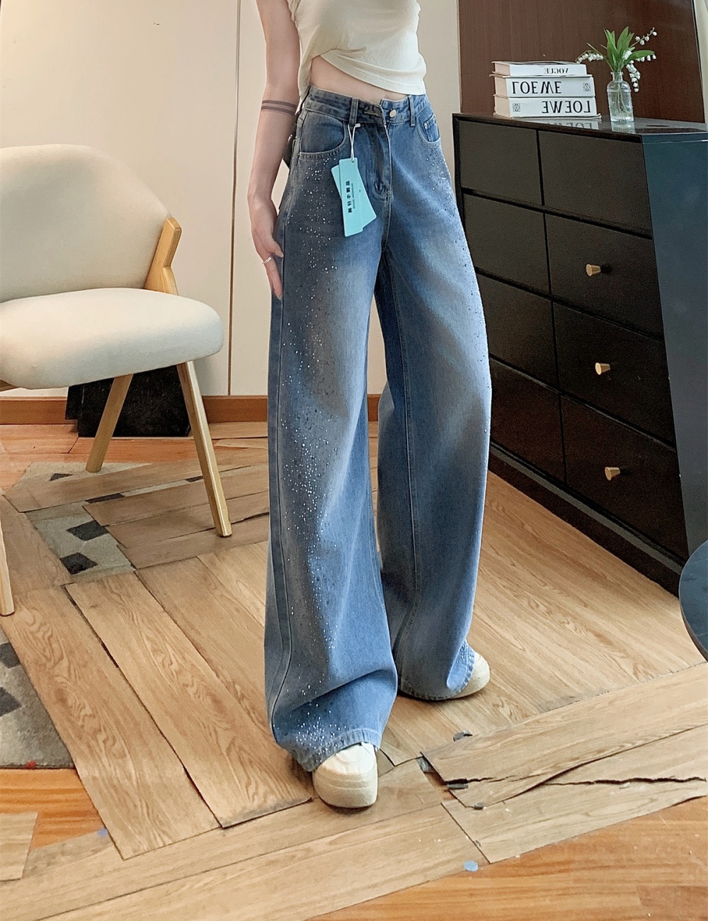Removable bow straight slim Casual jeans for women