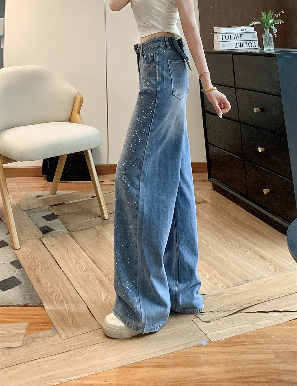 Removable bow straight slim Casual jeans for women