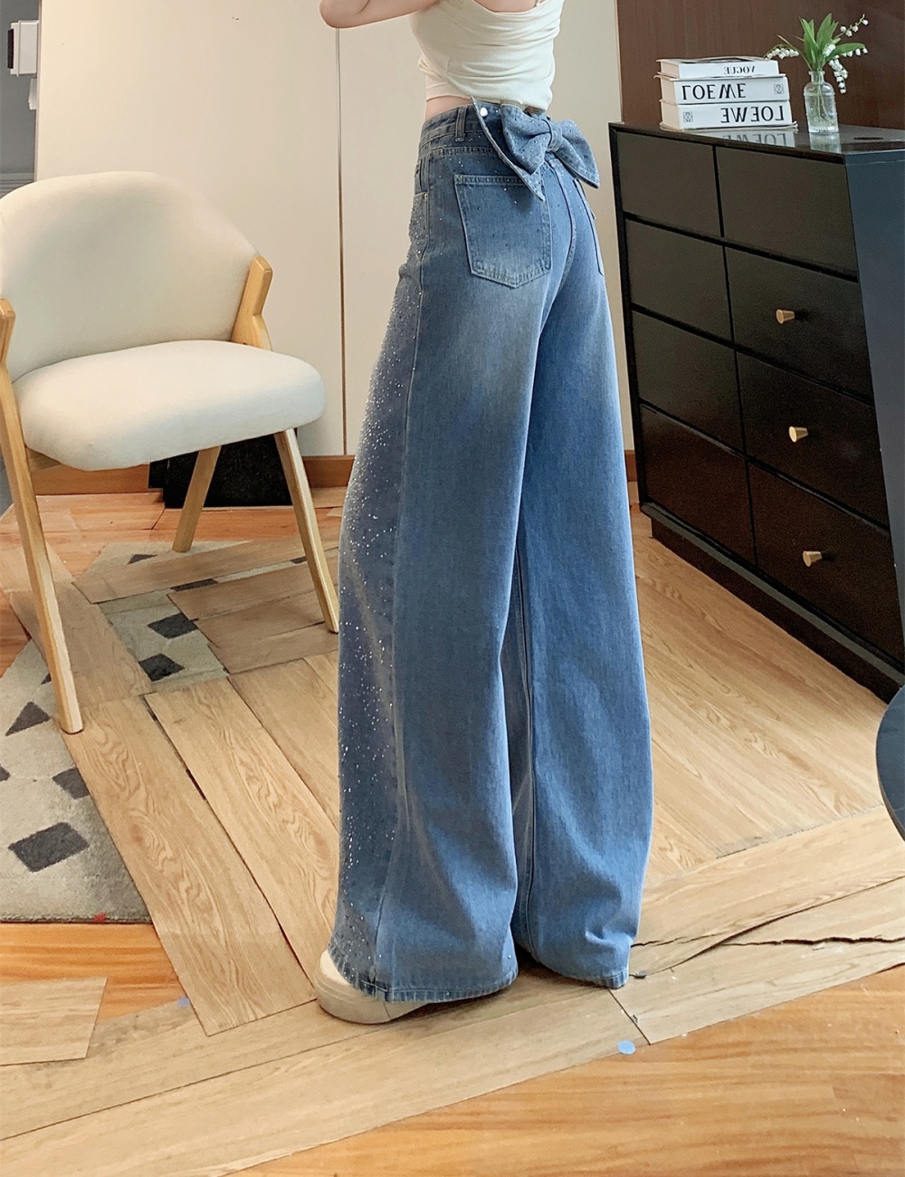 Removable bow straight slim Casual jeans for women