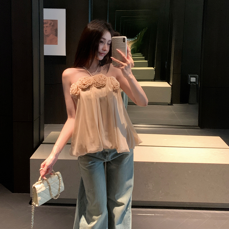 Halter sling sleeveless France style temperament tops