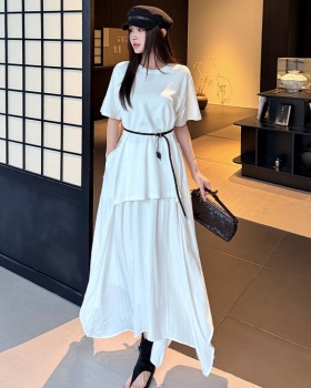 Simple round neck long dress elegant Pseudo-two T-shirt