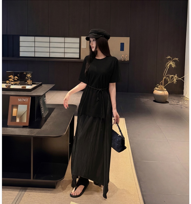 Simple round neck long dress elegant Pseudo-two T-shirt