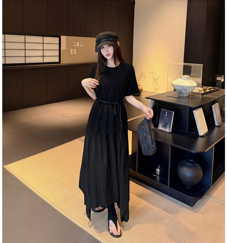 Simple round neck long dress elegant Pseudo-two T-shirt
