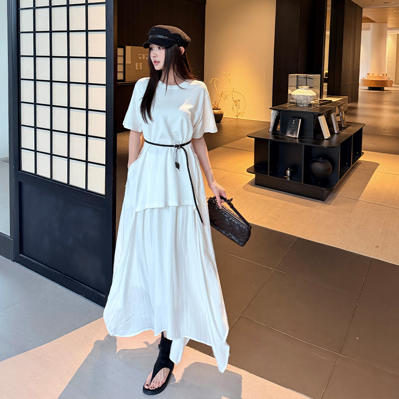 Simple round neck long dress elegant Pseudo-two T-shirt