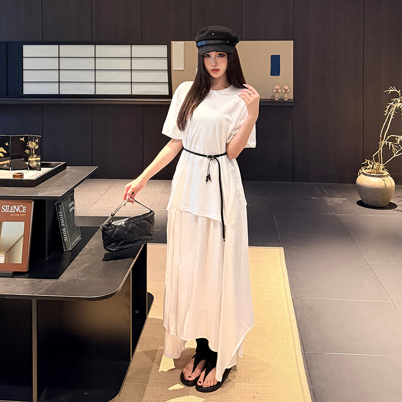 Simple round neck long dress elegant Pseudo-two T-shirt