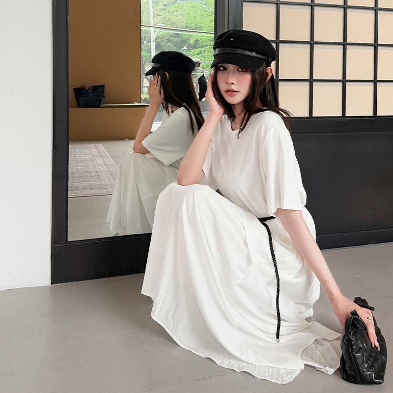 Simple round neck long dress elegant Pseudo-two T-shirt