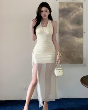 Halter package hip dress pinched waist summer long dress
