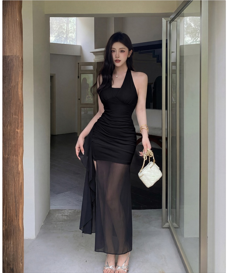 Halter package hip dress pinched waist summer long dress